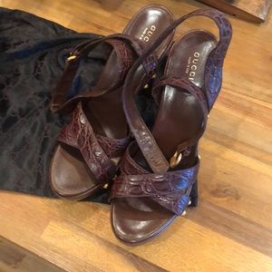 Gucci high heel open toed wrap sandal.